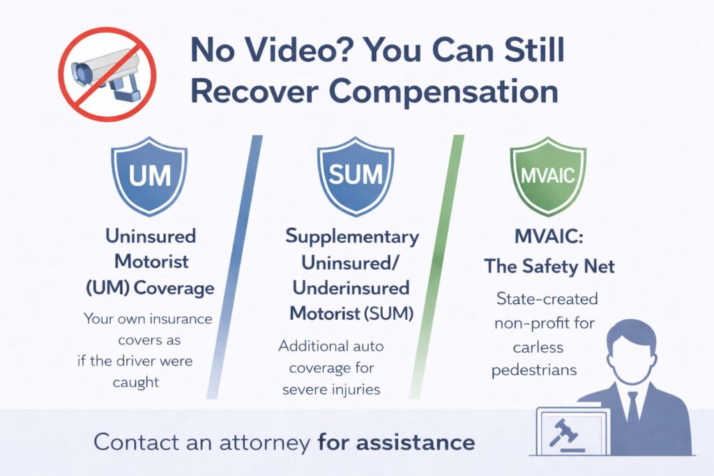 Infographic showing uninsured motorist, underinsured coverage, and MVAIC options for hit-and-run compensation without video evidence