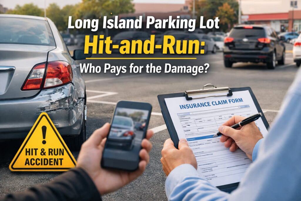 Long Island Parking Lot Hit-and-Run Accident – Who Pays for the Damage Long Island parking lot hit-and-run accident scene with damaged car and driver documenting insurance claim for vehicle damage