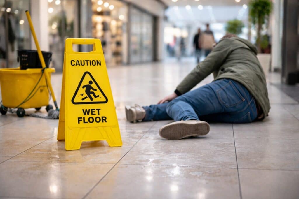 Person slipped on wet floor inside Riverhead shopping center near caution wet floor sign and cleaning equipment