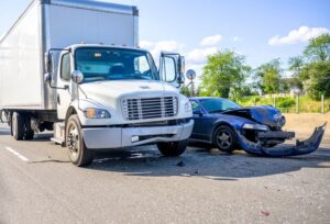 A white box truck and a black car with visible front-end damage after a collision on a roadway.