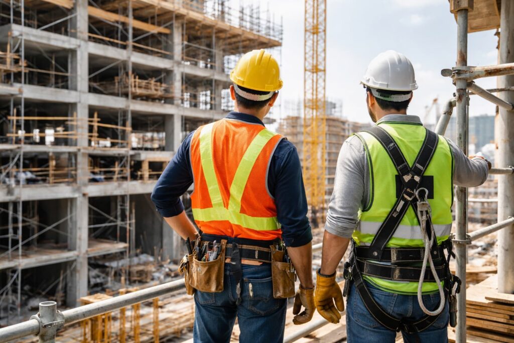 NY Labor Law 240 Scaffold Law Construction Site Safety in Long Island Construction workers wearing safety harnesses inspecting scaffolding at a Long Island job site under NY Labor Law 240 protections